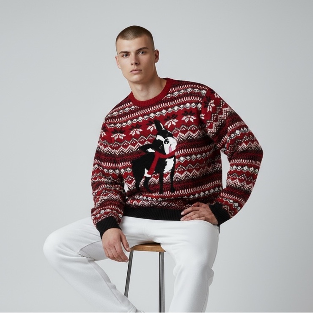 33 DEGREES - MENS CHRISTMAS SWEATER‎ - SIZE XL - BOSTON TERRIER/ FRENCHIE B21